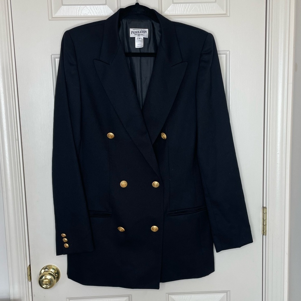 Vintage Pendleton Navy Wool Blazer Gold Button Double Breasted Jacket | 8Tall